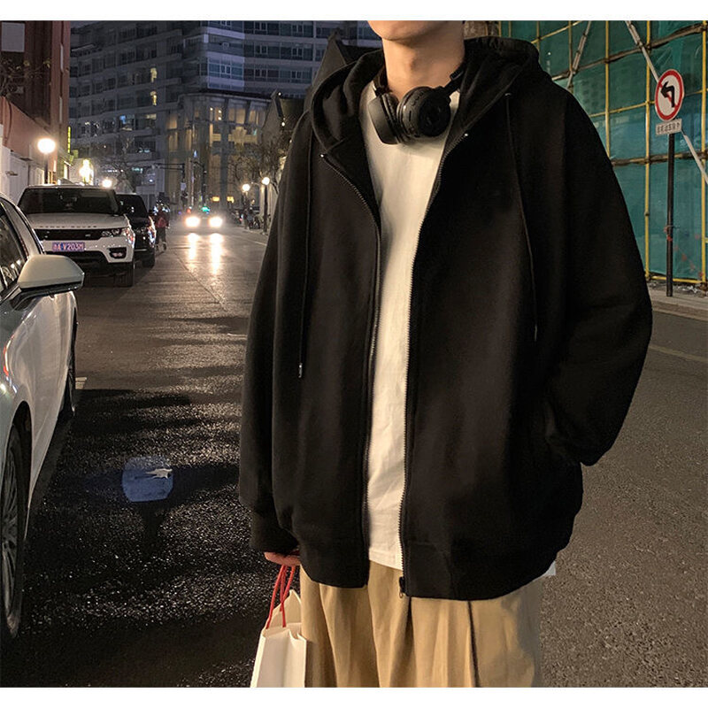 Thin Solid Color Men's Hooded Cardigan Sweater Spring and Autumn Trendy Ins Loose Casual All-matching Top Zipper Coat