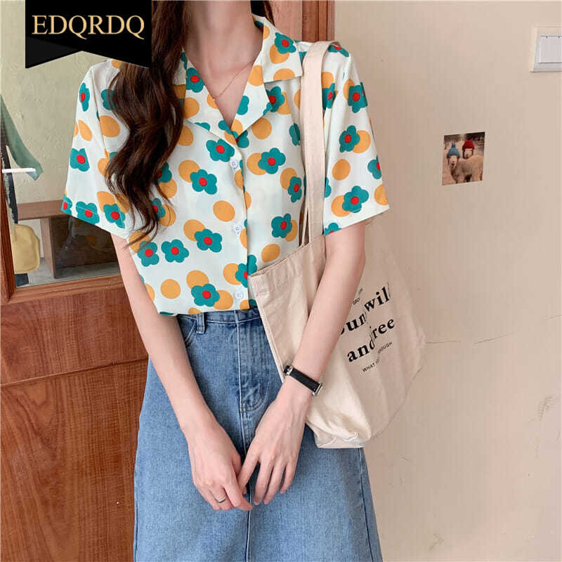EDQRDQ Floral Shirts Summer Vintage Loose Polo Neck Casual Office Blouses
