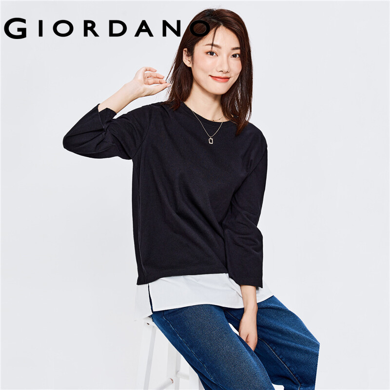 GIORDANO Women T-Shirts Fake 2-Piece Collage 100% Cotton Casual T-Shirts Bracelet Sleeve Crewneck Loose Relaxed Tee 13322775