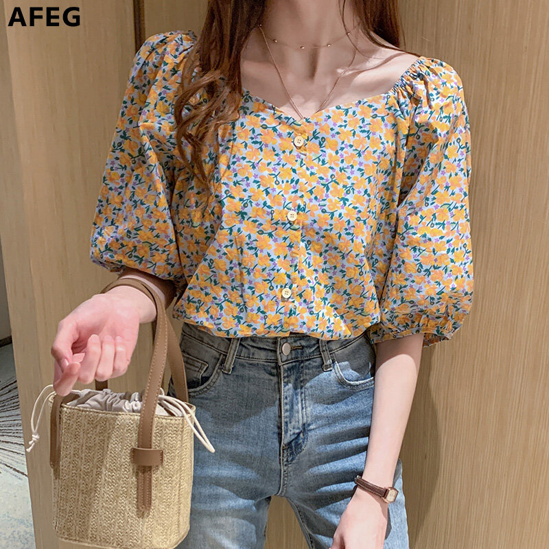 AFEG Floral Print Korean Lantern Short Sleeve Casual Blouse Women Elegant Summer Top Purple Yellow