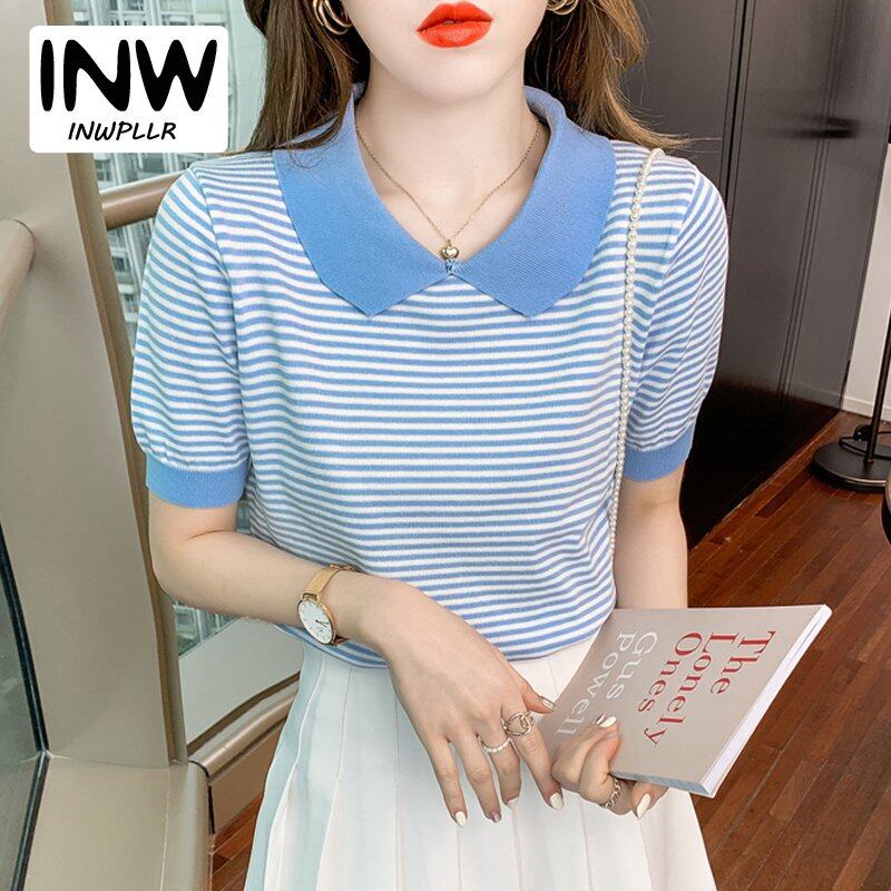 INWPLLR Korean-style Women's Tshirts Striped Design Sense Knit Tops Fashion Short Sleeve POLO T-shirts Female