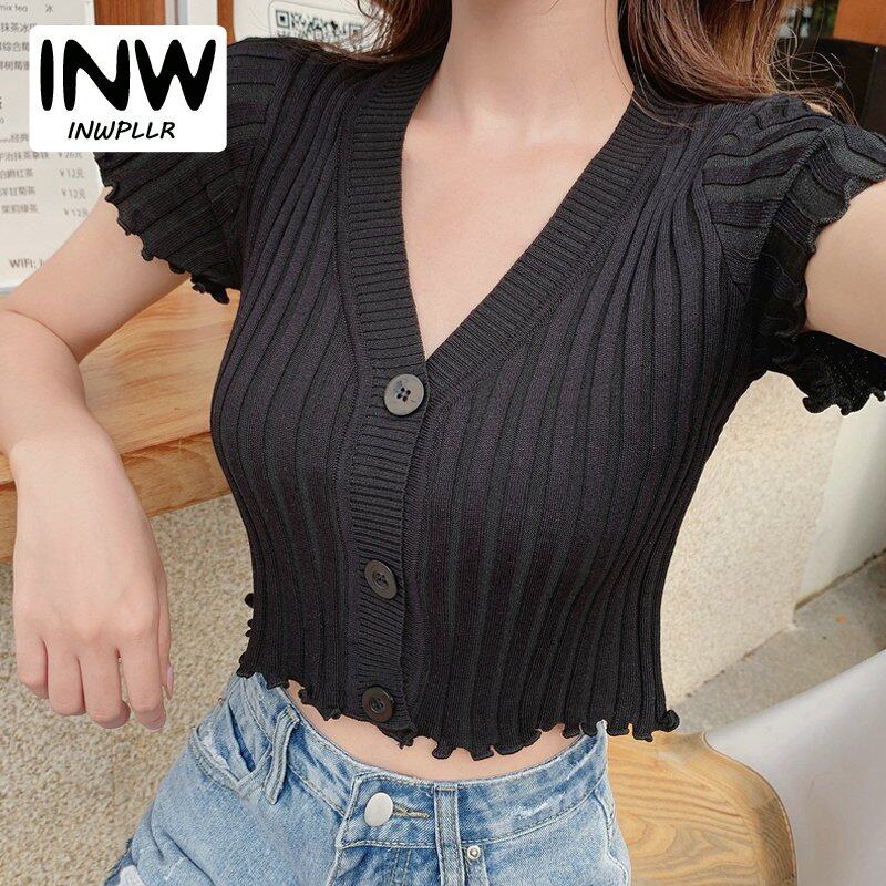 INWPLLR 2022 Women's Crop T-shirt Fashion Botton Short Sleeve Tops Ladies Slim Multi Solid Color Tshirts