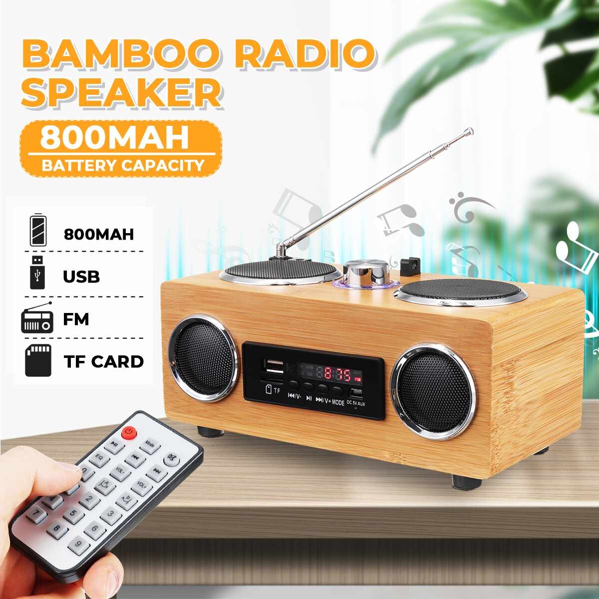 Super Bass FM Bluetooth Radio Bamboo Retro Vintage Radio Multimedia Speaker TF Card/USB/FM Radio/MP3 Player Classical Receiver USB With MP3 Player Remote Control