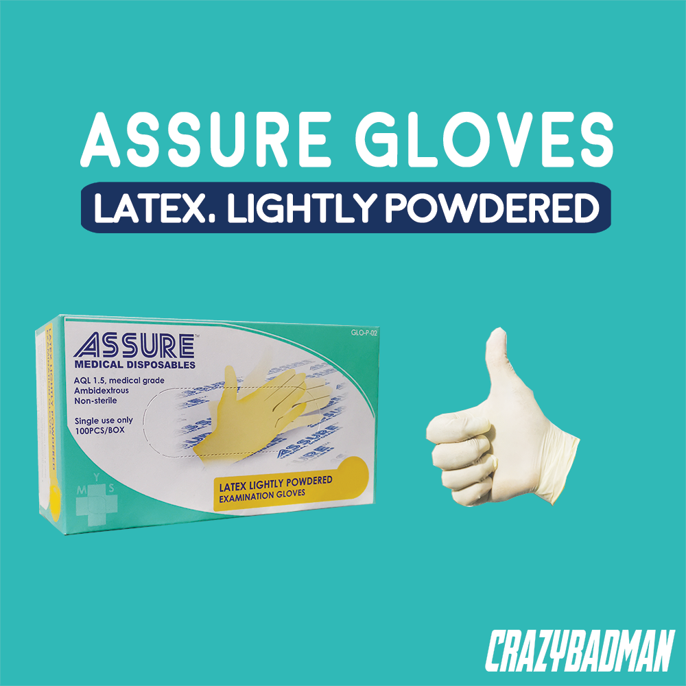 ASSURE Disposable Examination Latex Gloves Lightly Powdered (100pcs/box, Size: XS/S/M/L)